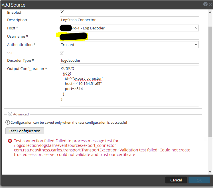 Export Connector Trusted Authentication Fails with server could not validate and trust our certificate When Attempting to Use a Different Log Decoder as the Datasource